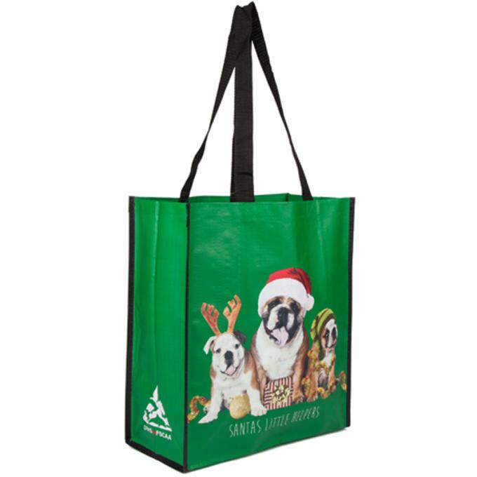 Sacs d'emballage réutilisables verts de polypropylène avec la corde solide de trois jolis chiens